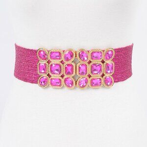 BNWT Metallic Faux Straw Crystal Buckle Elastic Belt Fashion Stretch Belt